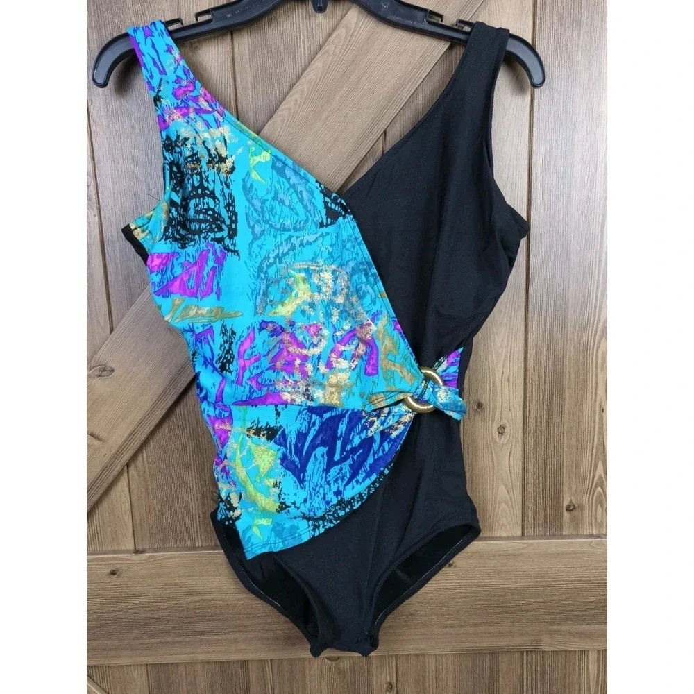 Vintage 90s One Piece Swimsuit Womens 12 Made USA Abstract Colorblock